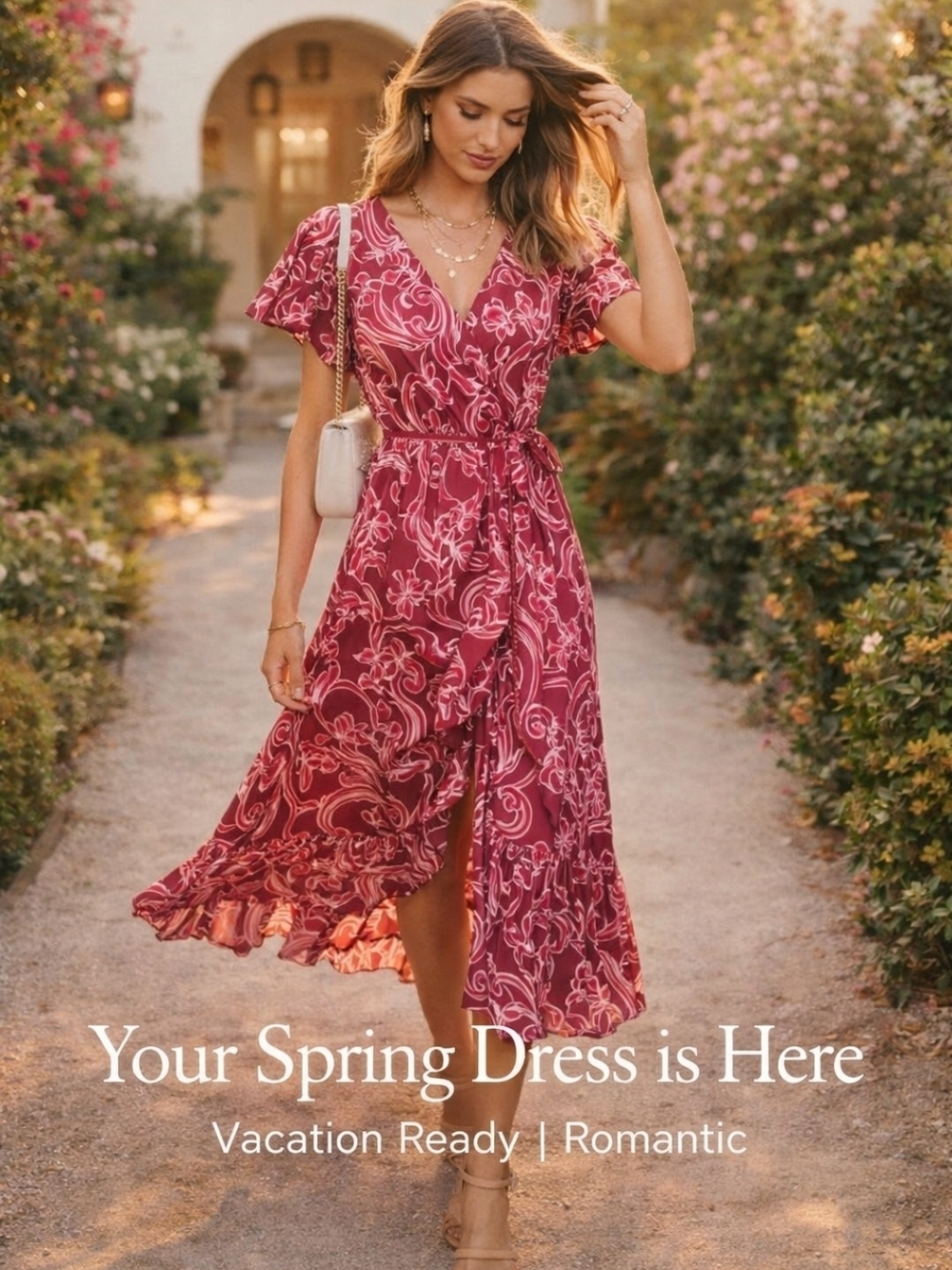 Nicole Miller New York XS Pink Floral Wrap Midi Dress Flutter Sleeve Ruffle Hem
